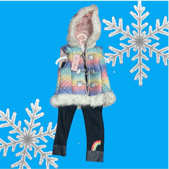 Little Lass Other - Rainbow Quilted Vest with Faux Fur Trim and soft stretch pants